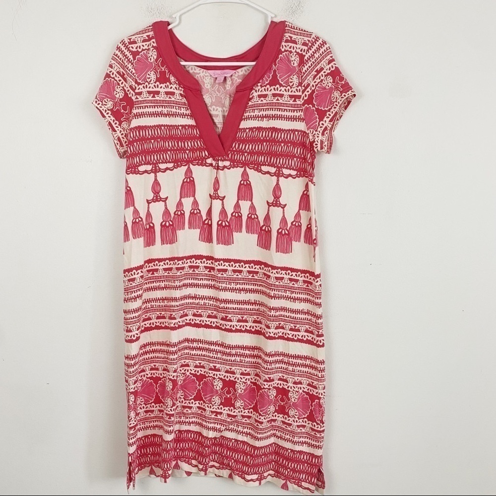 LILLY PULITZER pink and cream silk blend short sleeve shift dress